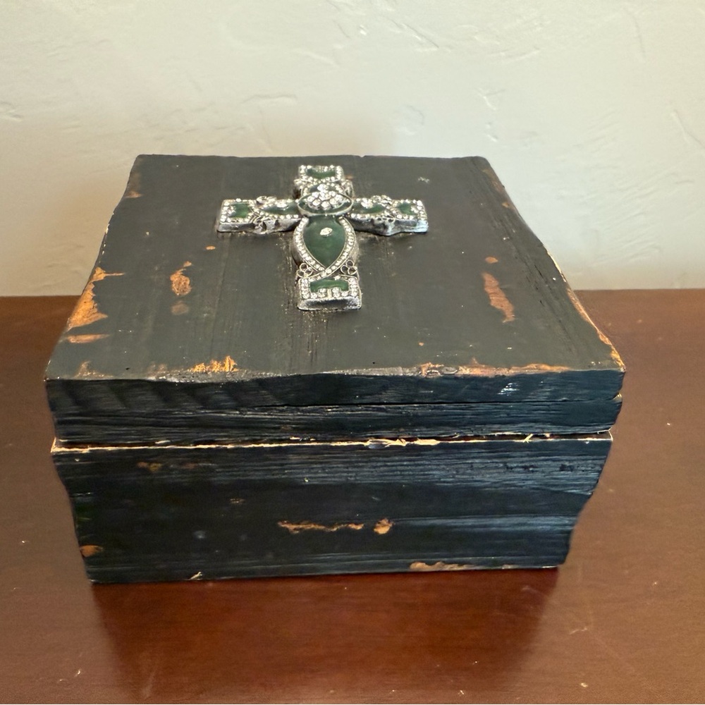 Rustic‎ Black Wooden Box with Cross Accent jewlery storage container